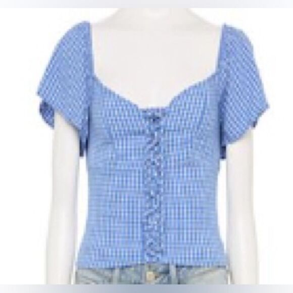 SO Junior’s Blue Plaid Cropped Front Lace Up Top Flutter Sleeves Size XL - Picture 1 of 7
